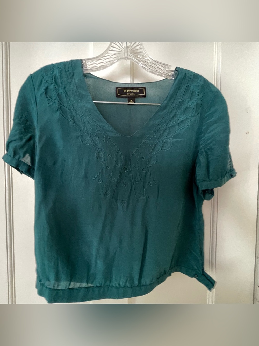 Women's Teal Embroidered V-Neck Blouse 100% Silk S